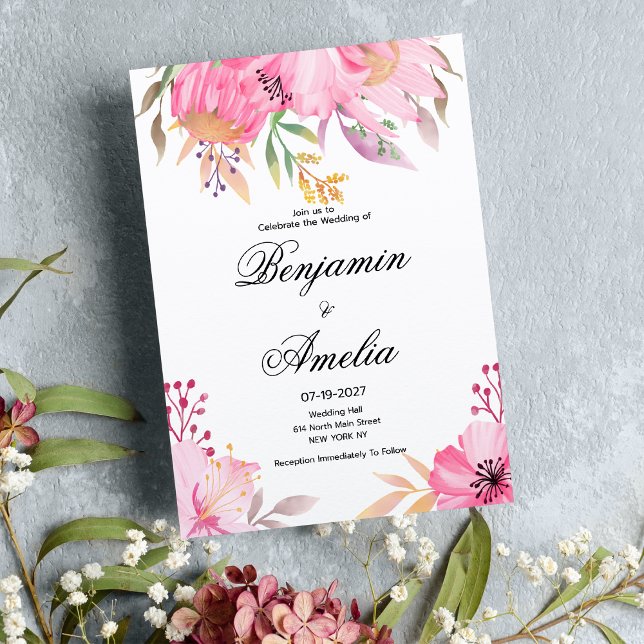 Convite Flores cor-de-laranja-rosa-botulínica Casamento (Botanic pink orange watercolor flowers Wedding)