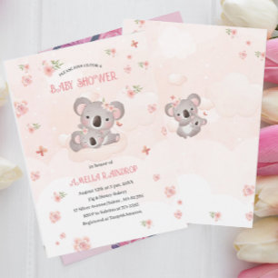 Convite Flores cor-de-rosa-branca Koala chá de fraldas