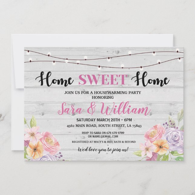 Convite Flores cor-de-rosa cinzentas doces da casa do (Frente)