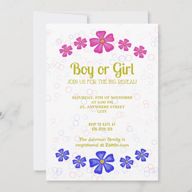 Convite Flores cor-de-rosa-claro e azuis (Frente)