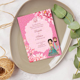 Convite Flores cor-de-rosa com casal bravo indiano
