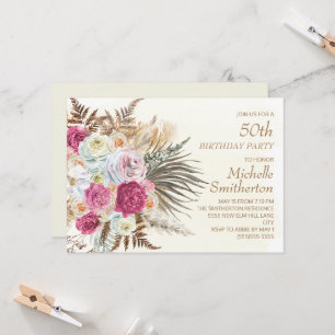 Convite Flores Cor-de-Rosa Dourado Brilho Creme Aniversári