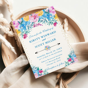 Convite Flores Cor-de-Rosa e Azul em Aquarela Casamento