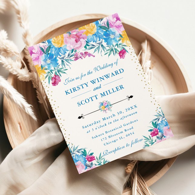 Convite Flores Cor-de-Rosa e Azul em Aquarela Casamento (Criador carregado)