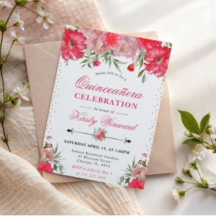 Convite Flores Cor-de-Rosa e Bege para Quinceanera de Verã