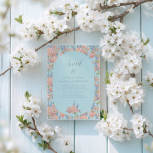 Convite Flores cor-de-rosa e chiques azuis 16 Aniversário