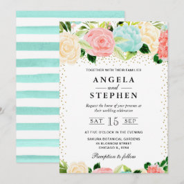 Convite Flores Cor-de-Rosa e Verde Claro em Aquarela Casam