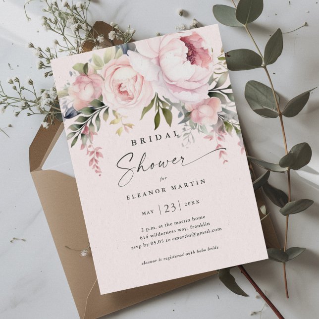 Convite Flores Cor-de-Rosa Elegantes Jardim Verde Chuveiro (Elegant Pink Flowers Greenery Garden Bridal Shower Invitation)