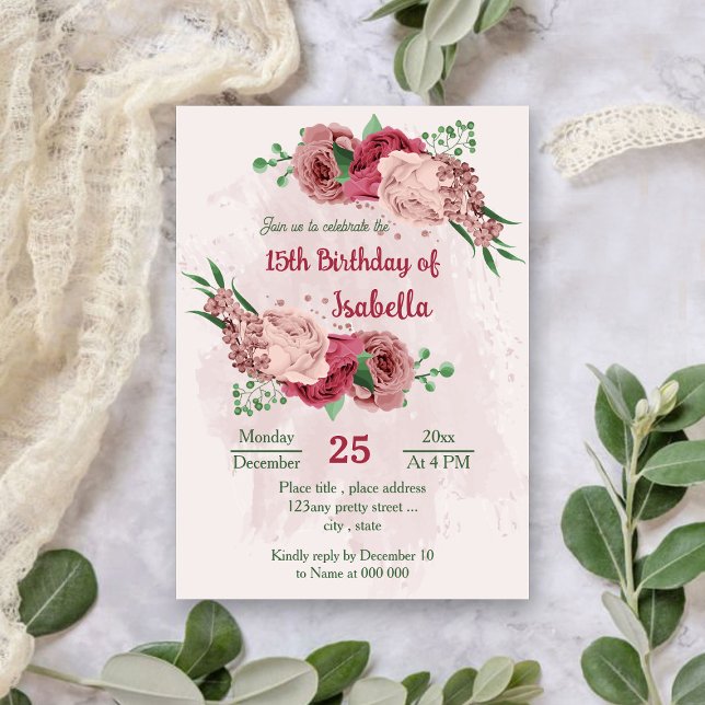 Convite flores cor-de-rosa folhas verdes aniversário botân (Criador carregado)