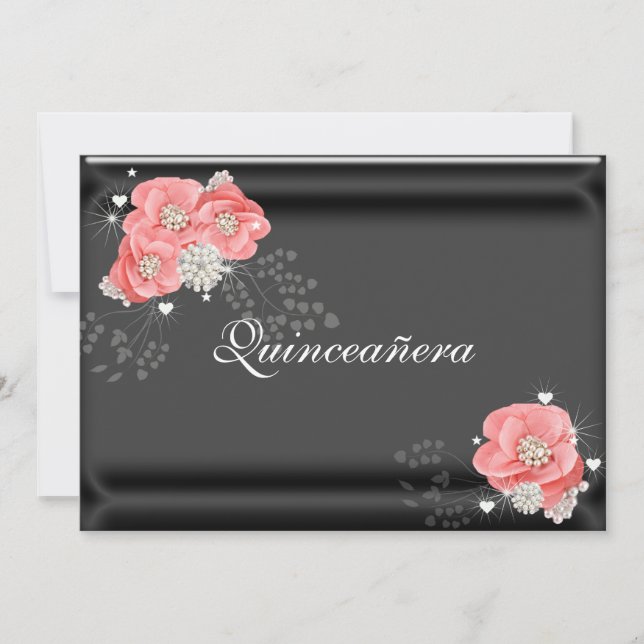 Convite Flores Cor-de-Rosa no Preto, Quinceañera, 15º Aniv (Frente)