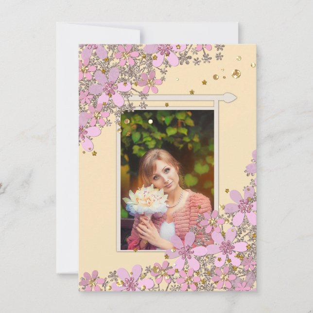 Convite Flores cor-de-rosa, ouros bolinhas brilhantes (Frente)