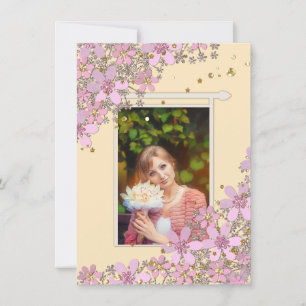 Convite Flores cor-de-rosa, ouros bolinhas brilhantes