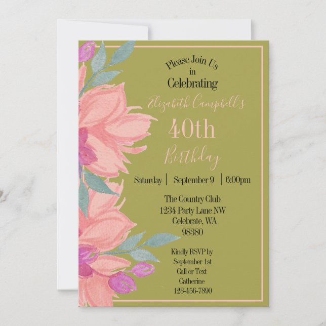 Convite Flores Cor-de-Rosa Personalizadas de Aniversário (Frente)