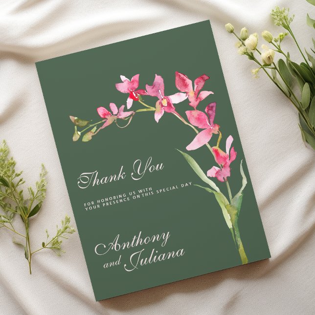 Convite Flores cor-de-rosa verde-mave Elegante Obrigado (Elegant mauve green pink orchid flowers Thank You )