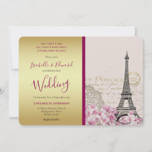 Convite Flores Cor-de-Rosa Vintage Torre Eiffel Dourado & 