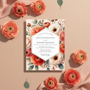 Convite Flores Coral em Flor Romântica Casamento