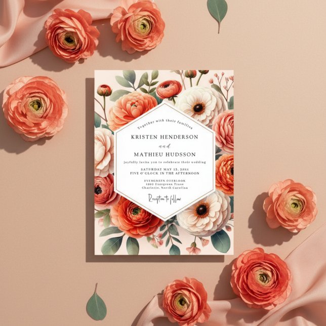 Convite Flores Coral em Flor Romântica Casamento (Criador carregado)