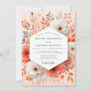 Convite Flores Coral em Flor Romântico Casamento