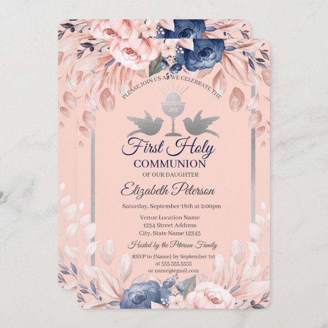 Convite Flores Cruzadas Primeira Comunhão Santa (Frente/Verso)