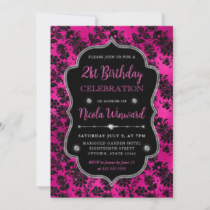 Convite Flores Damask com Brilho Rosa e Preto Aniversário 