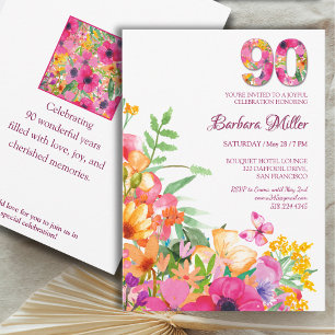 Convite Flores de 90 Anos - Aniversário do 90 de Aquarela