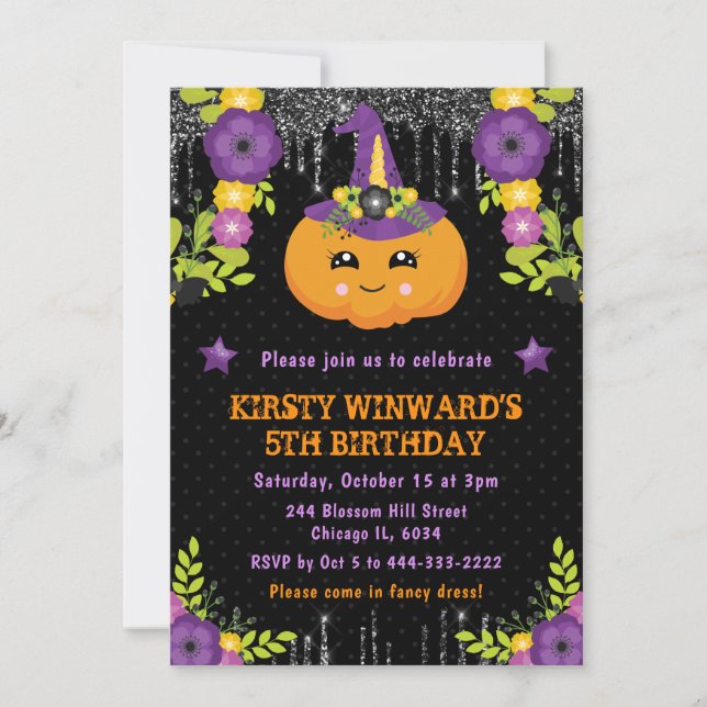 Convite Flores de Abóbora Fofas Aniversário de Halloween (Frente)