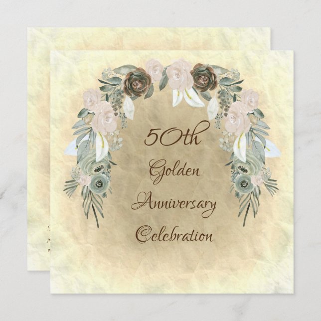 Convite Flores de Aguarela Verde Sage Dourado Casamento (Frente/Verso)