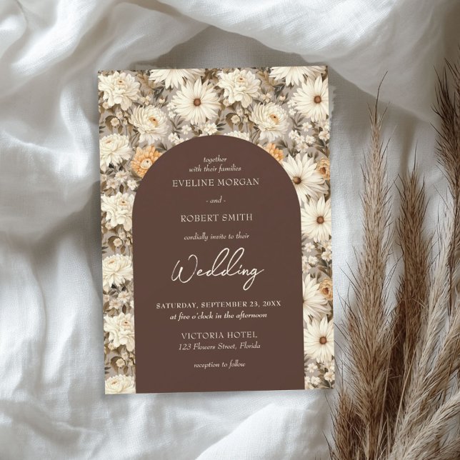 Convite Flores de algodão, cor de laranja, poeirentas (Boho ivory cream dusty orange cottage flowers invitation)