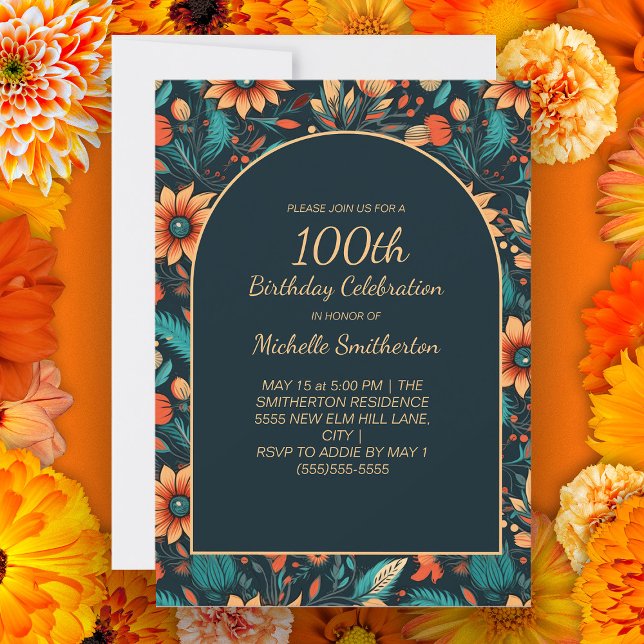 Convite Flores de Alho Laranja Arco Negro 100º Arco de Ani (Orange and teal floral on black arch 100th birthday party invitation for women.)