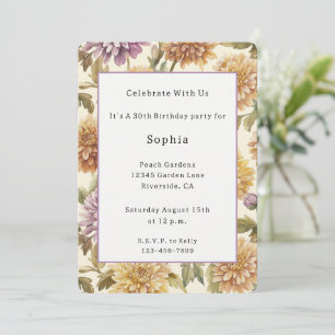 Convite Flores de Aniversário Creme Lavanda Amarelo Pêsseg