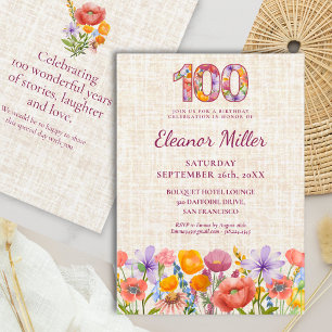 Convite Flores de Aniversário de 100 Anos - Número Floral