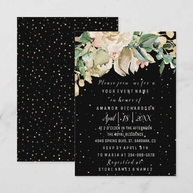 Convite Flores de Aniversário de Noiva Dourado Hortelã Pre (Frente/Verso)
