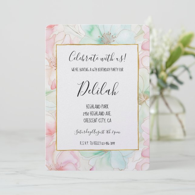 Convite Flores de Aniversário Rosa Bege Menta (Em pé/Frente)