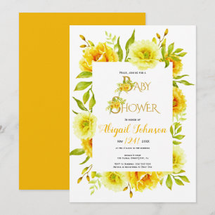 Convite Flores de aquarela amarela baby shower neutro