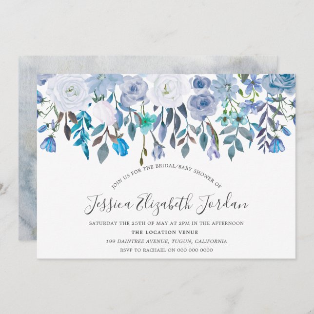 Convite Flores de Aquarela Azul Bebê ou Chá de panela (Frente/Verso)