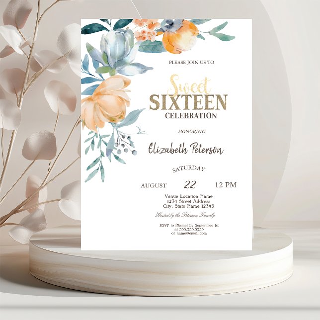 Convite Flores de Aquarela Azul Empoeirado Sweet 16 (Criador carregado)