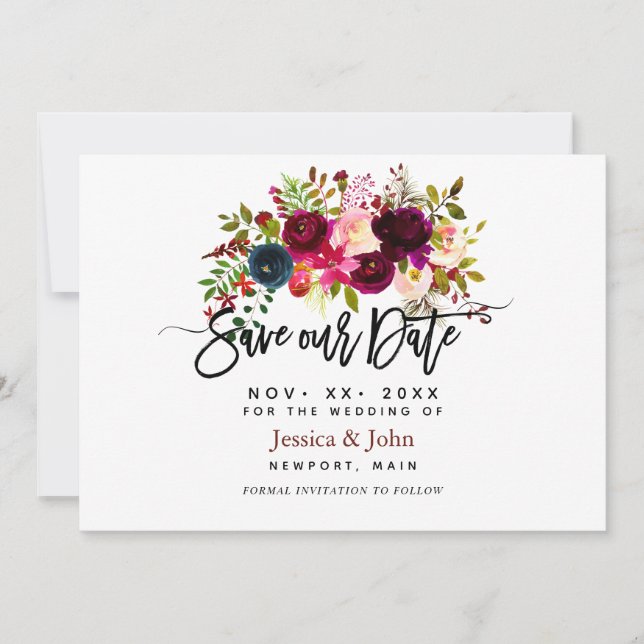 Convite Flores de aquarela, azul-marinho borrado (Frente)