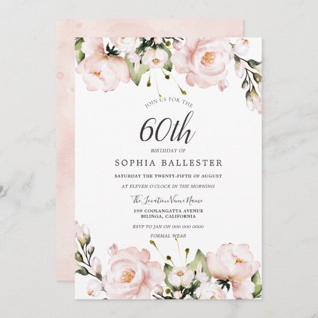 Convite Flores de Aquarela Blush 60ª Festa de aniversário (Frente/Verso)