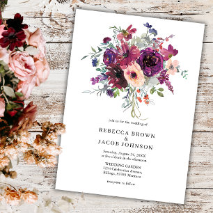 Convite Flores de Aquarela Burgundy Simples Casamento Rúst