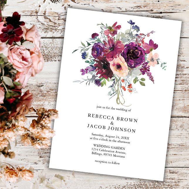 Convite Flores de Aquarela Burgundy Simples Casamento Rúst (Criador carregado)