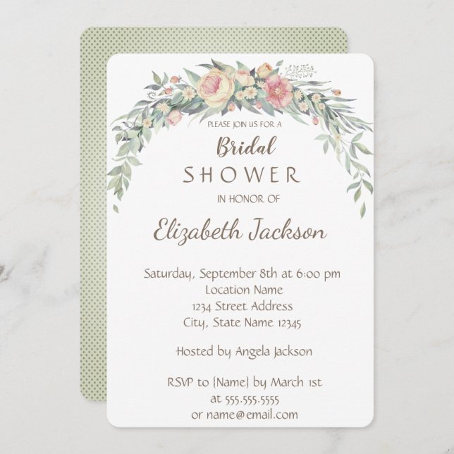 Convite Flores de Aquarela, Chá de panela Bolinhas (Frente/Verso)