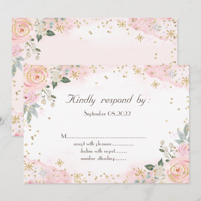 Convite Flores de Aquarela Chic e Flocos de Neve RSVP  (Frente/Verso)