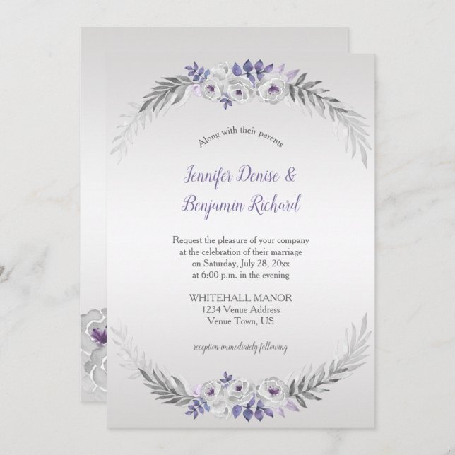 Convite Flores de Aquarela Cinza Prateado Roxo Casamento | (Frente/Verso)