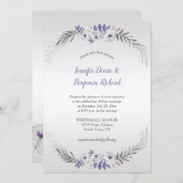 Convite Flores de Aquarela Cinza Prateado Roxo Casamento |