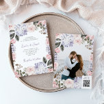 Convite Flores de Aquarela com Casamento de Foto e Código<br><div class="desc">Este belo convite para o casamento apresenta um quadro de cor d'água, estilo de vintage rosa e flores e rosas de hydrangea roxas, com elegante roteiro moderno e texto clássico. A parte de trás do convite mostra sua foto cercada por outro quadro floral e um código QR digitalizável para que...</div>