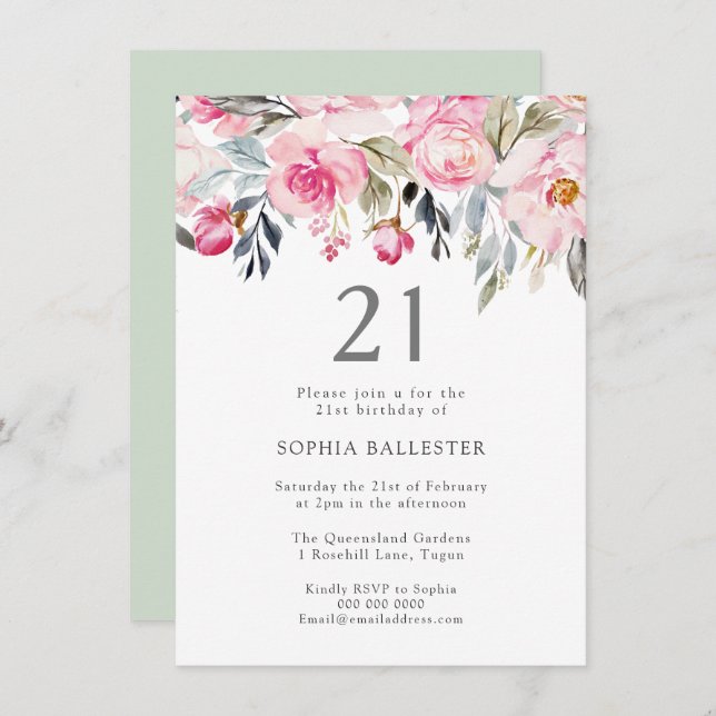 Convite Flores de Aquarela de Blush aniversário de 21 anos (Frente/Verso)