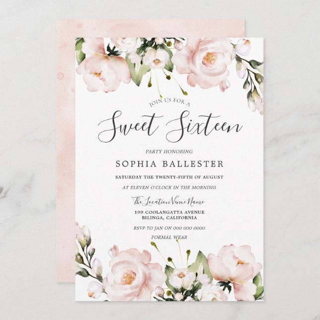 Convite Flores de Aquarela de Blush Doce 16 Festa de anive (Frente/Verso)