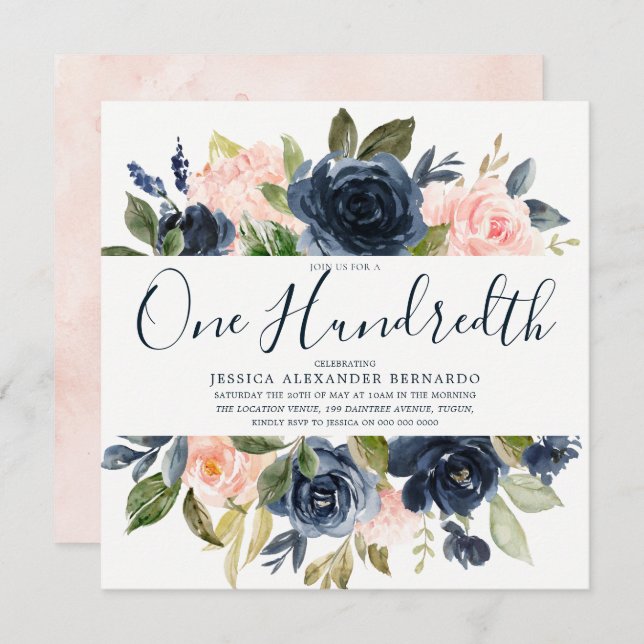 Convite Flores de Aquarela de Marinho Rosa 100ª Festa de a (Frente/Verso)