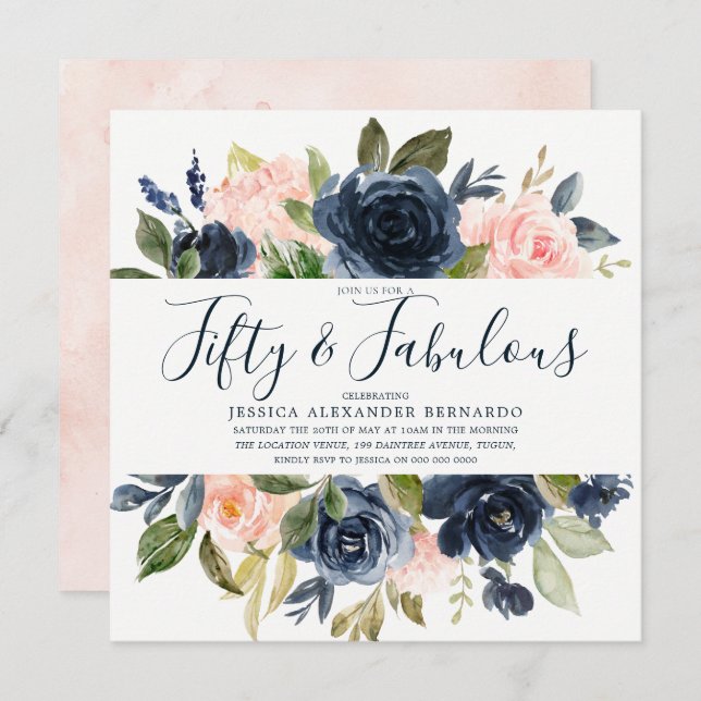 Convite Flores de Aquarela de Marinho Rosa 50ª Festa de an (Frente/Verso)