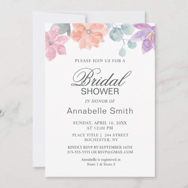 Convite Flores De Aquarela Delicadas. Chá de panela (Frente)